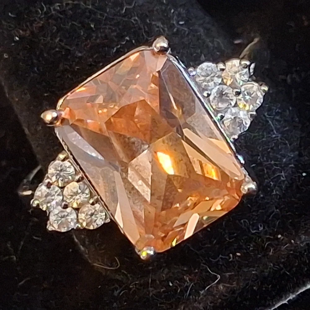 Sterling Silver Women's Ring With Champagne CZ Centerstone Size 11 1/4